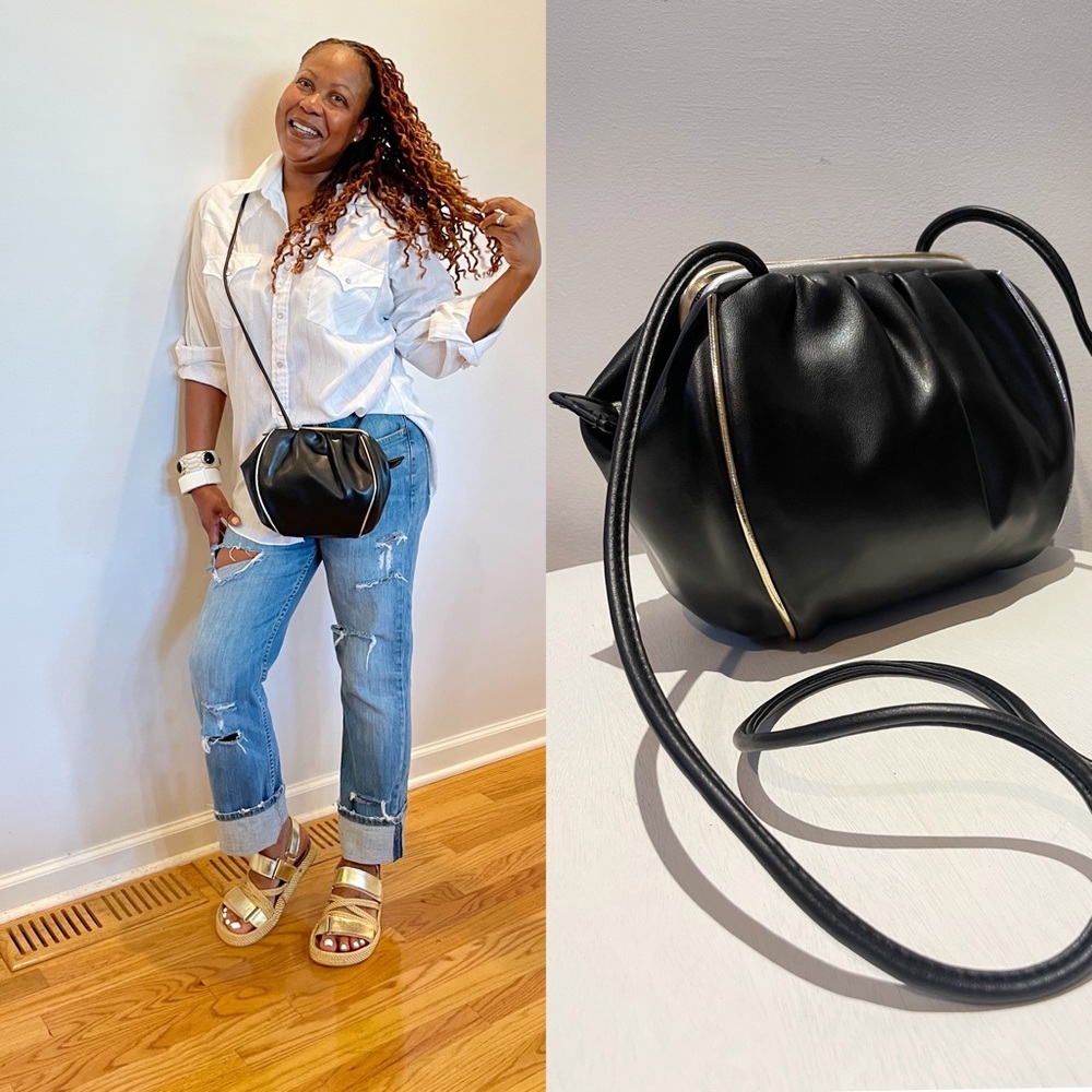 Vintage 80s Bag Bazaar Black Vegan Leather Mix Metallic  Crossbody